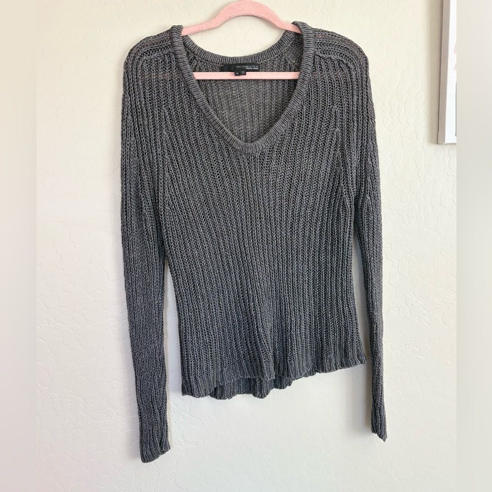 360 Sweater Silk Linen‎ Open Knit V-Neck Sweater Dark Gray Women’s Medium